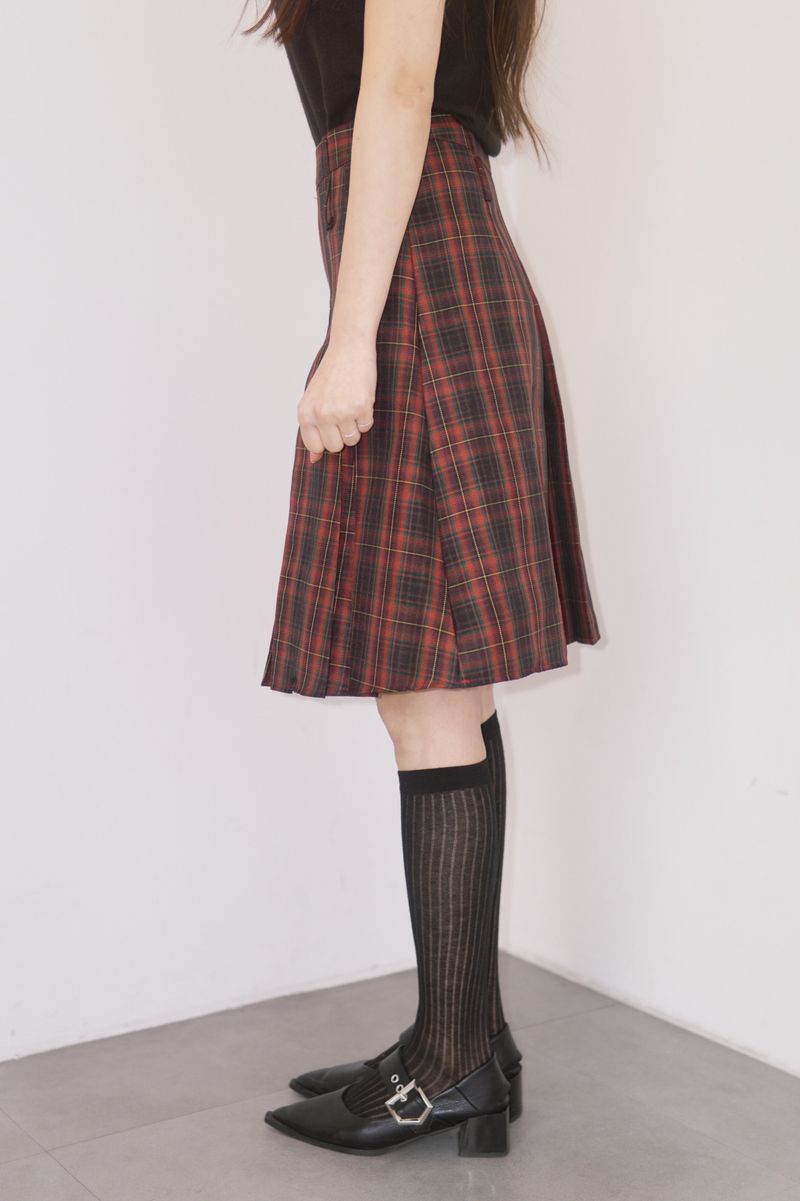 Red Preppy Checkered Midi Pleats Skirt