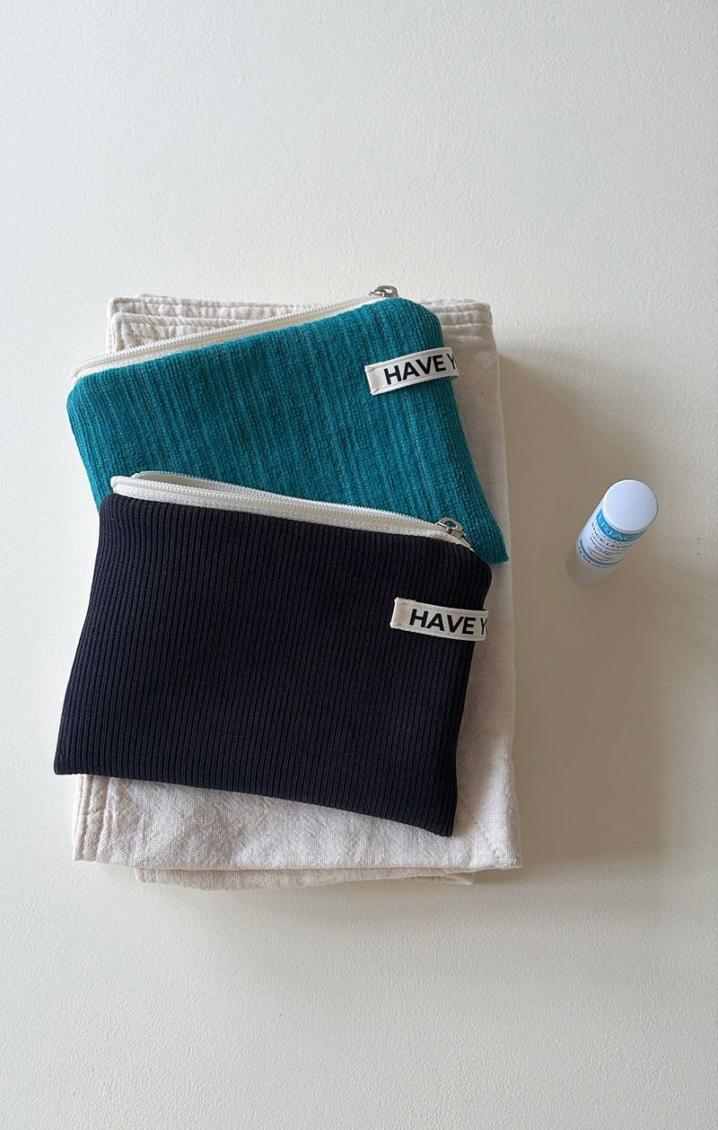 Ribbed flat pouch - navy , S size