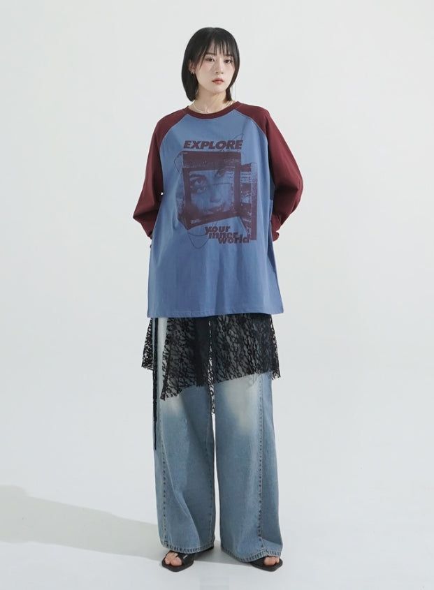 Side folding wide fit denim pants