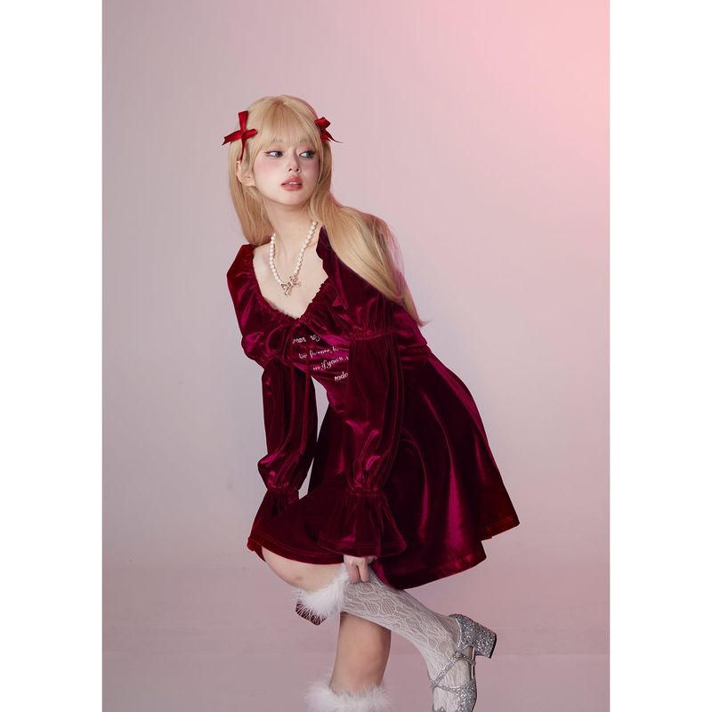 [Girly Fancy Club] レトロレッドベルベットツーピースプリンセスドレス