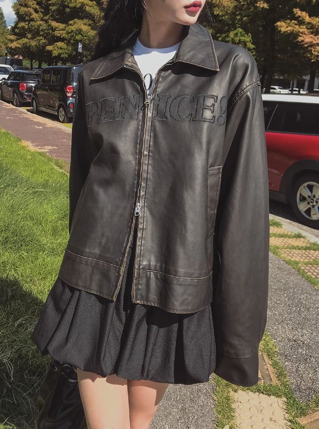 Mark Lettering Two Way Leather Jacket