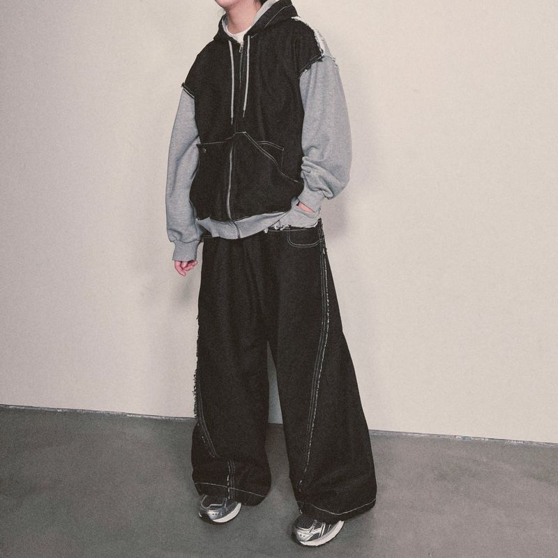 layered deconstructed zip-up hoodie_black