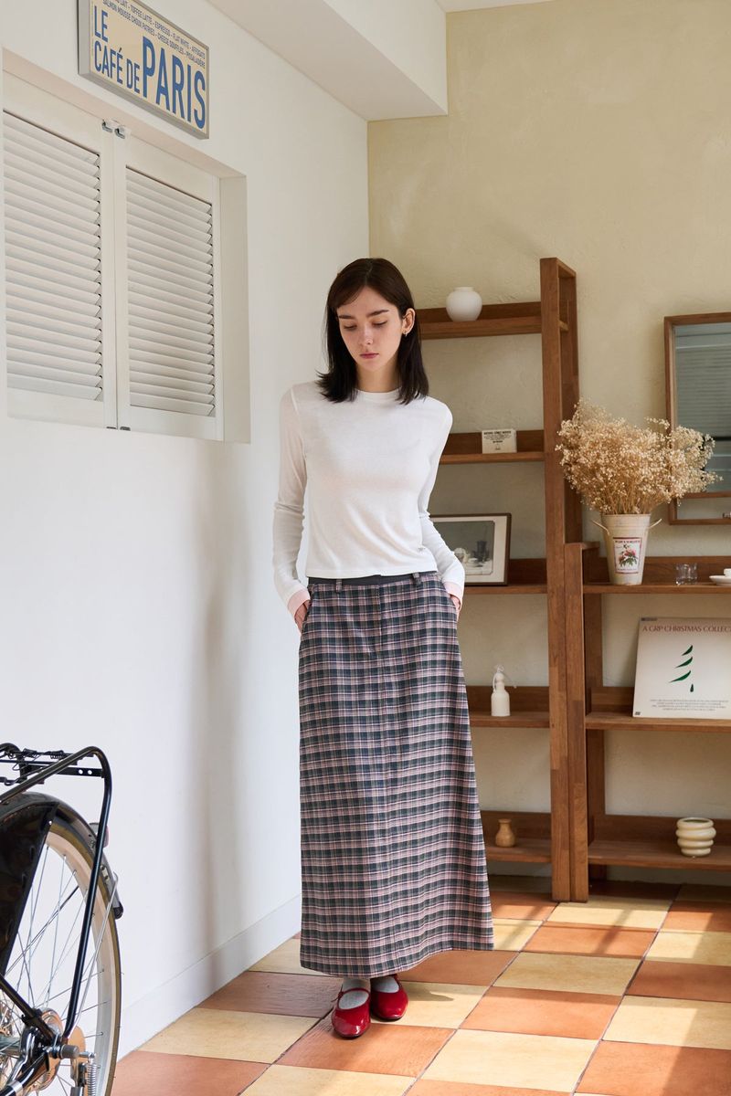 CHECK SLIT LONG SKIRT PINK