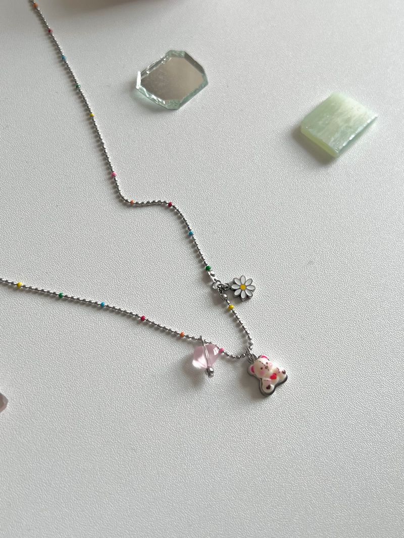 gom kitsch color beads daisy bear layered necklace