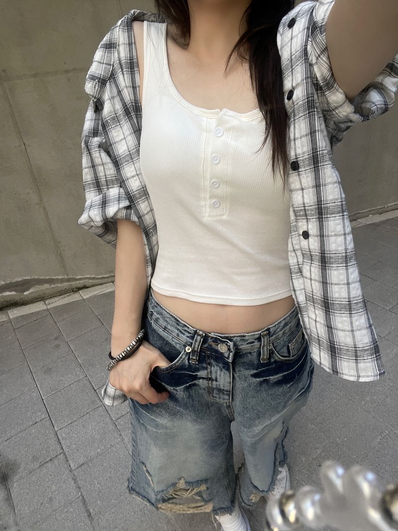 Cropped ribbed button bra top