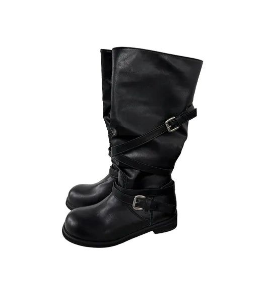 Vintage Buckle Strap Long Boots