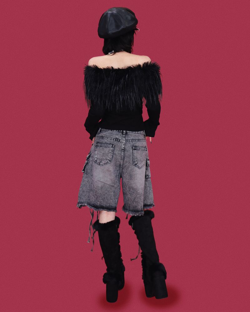 angry eyelet wide half pants - black