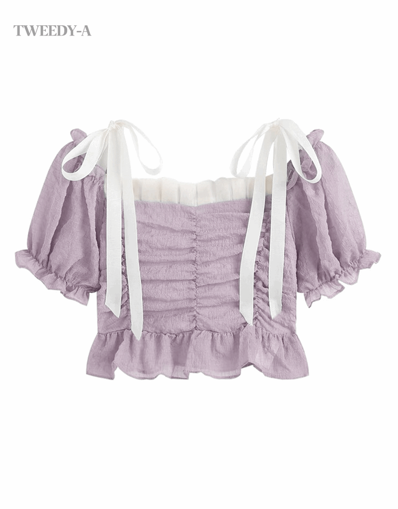 TWEEDY-A（ツウィーディア）の「Ribbon strap shirring cropped blouse 2 Color（Tops）」