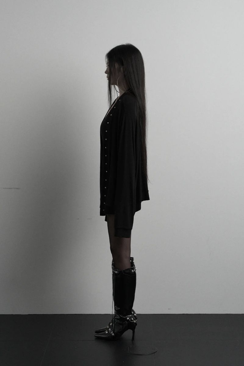 [label] wool rivet overfit open cardigan (black)