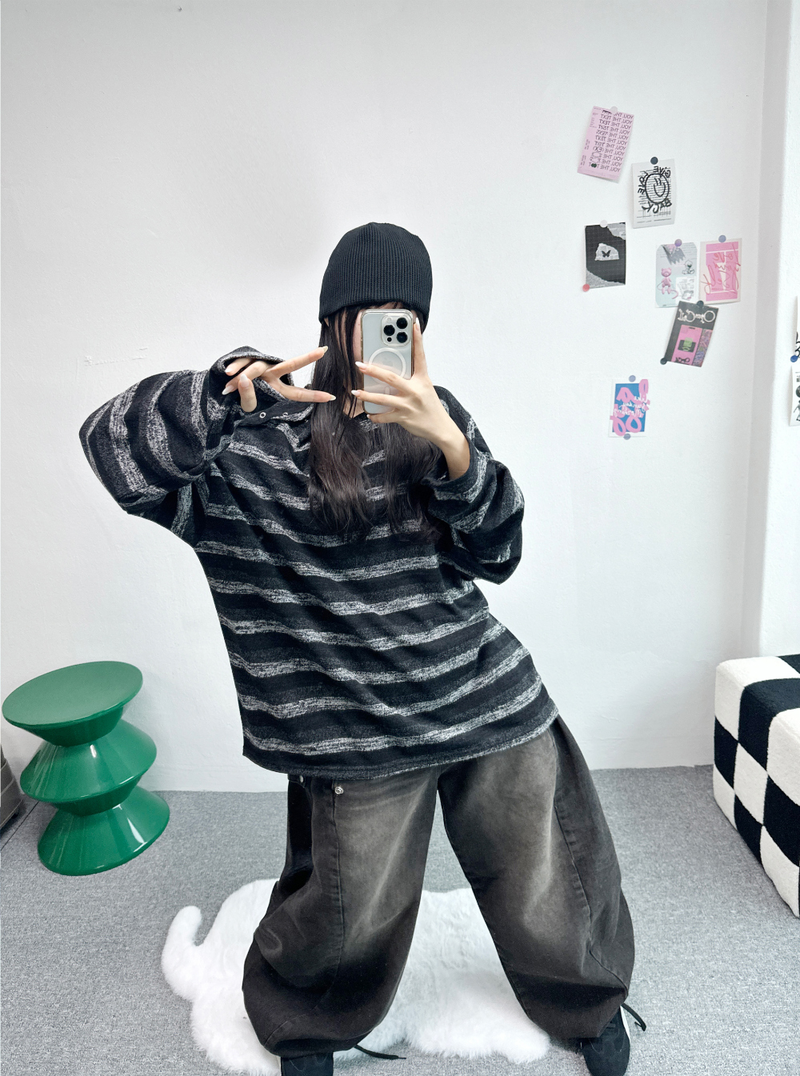 SHOULDER SNAP WARMER POINT STRIPED KNIT🤎🖤🧸 - 2 COLORS