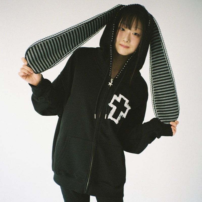 CLUT STUDIO（クラットスタジオ）の「Cross Bunny Ear Zip-Up Hoodie - Black（Tops）」