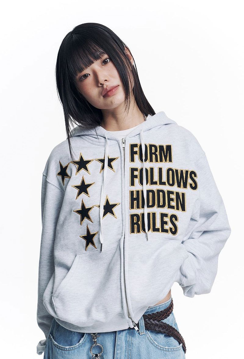 Star Lettering Patch Hoodie Zip-Up - White