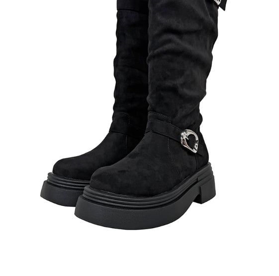 Double Buckle Suede Platform Sole Long Boots