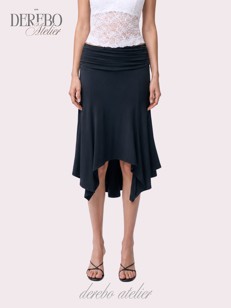 mood fit unbalanced midi long skirt