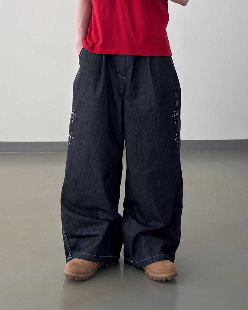 Bone Cross Stud Wide Denim Pants