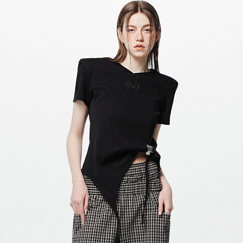 ショルダーパデットワッフルTシャツ _ ブラック