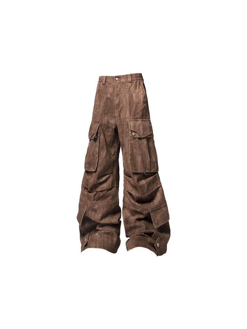 RELABEL Three-dimensional Composition (Block) Washed Silhouette Pleated Multi-pocket Adjustable Flap Shell Trousers