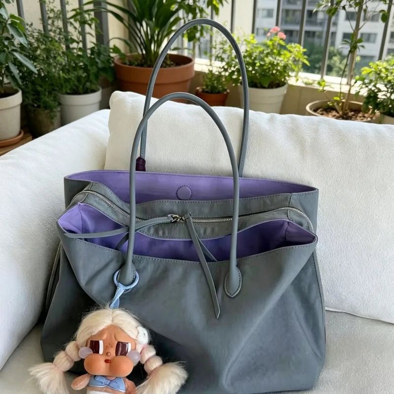 Color Block Nylon Multi-Pocket Large Tote Bag