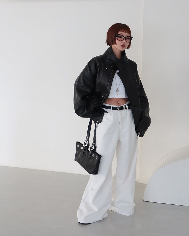 Laurent high neck leather jacket