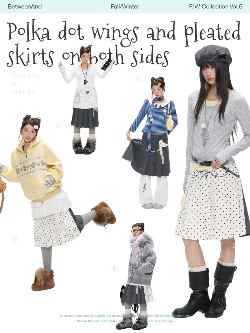 BETWEENAND 「Ling Xu Shuang Sheng」 Winter Academy – gray-and-white polka-dot pleated skirt with a separate inner skirt, available in two styles
