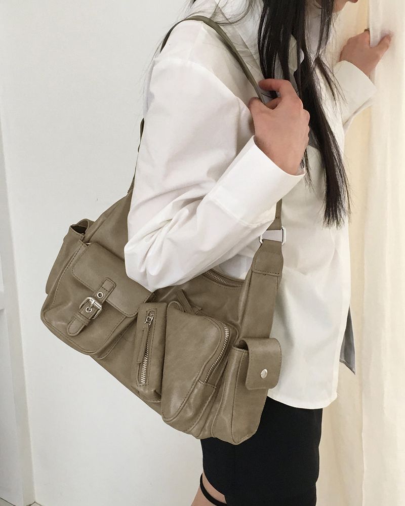 Lanyoo diagonal zipper pocket leather shoulder bag