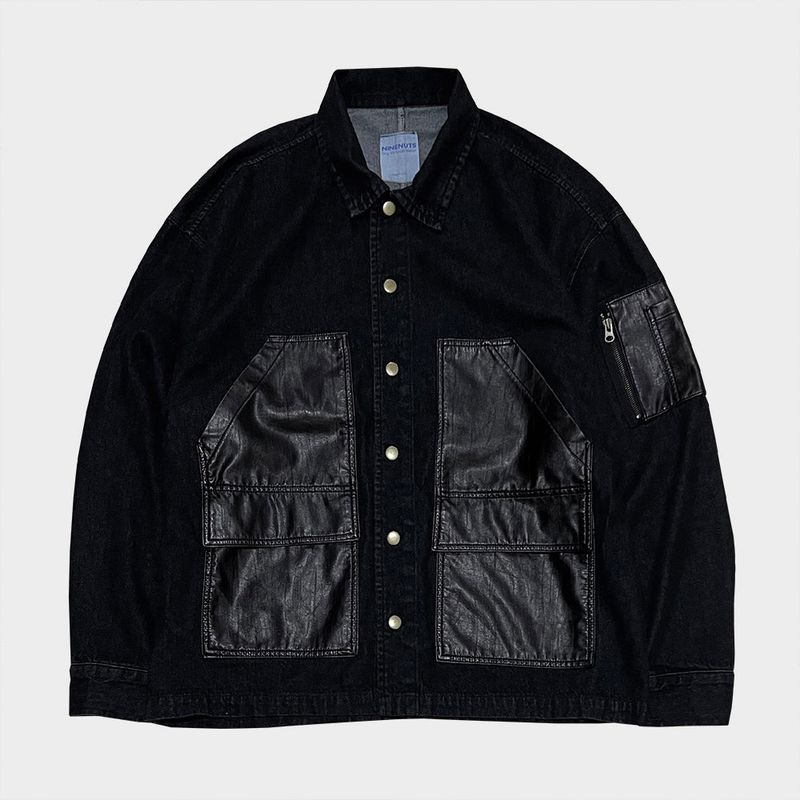 faux leather mix denim shirt_black
