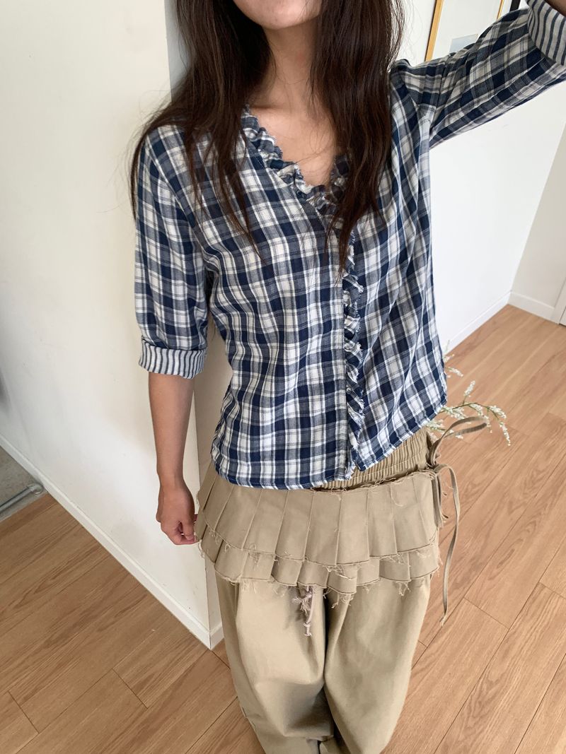 WASHED CHECK FRILL SHIRT (2C)