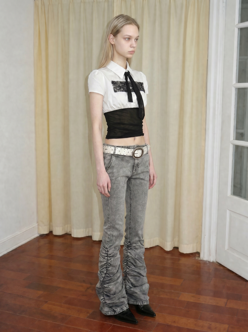 Emoha Grey Washed Low-Rise Flared Jeans 