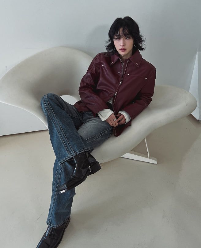 Star stud track line leather jacket