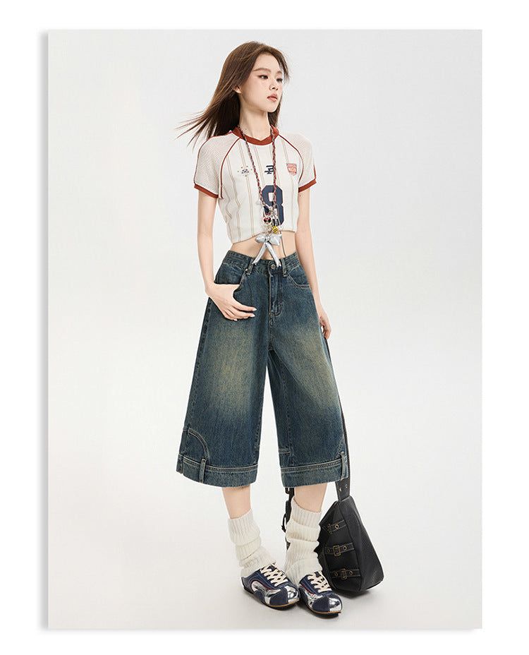 Reversed Detail Wide Denim Bermuda Pants