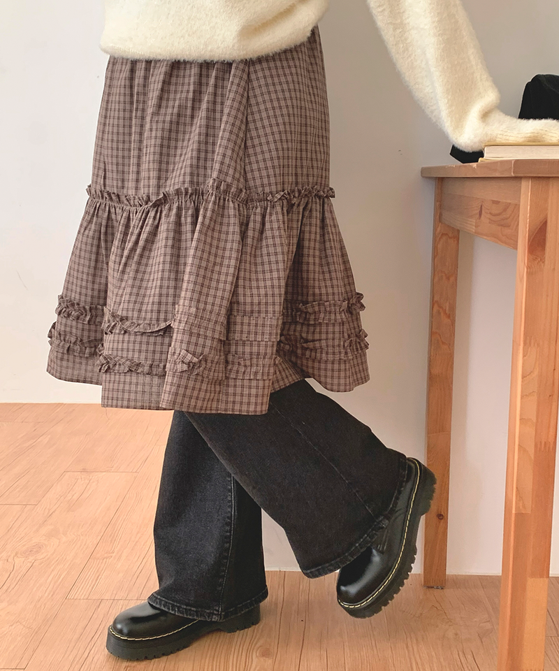 Luen midi checkered skirt Fall layered frill soft fit