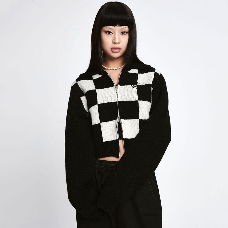 Wool Checkerboard Knit Zip-up  [2 Color]