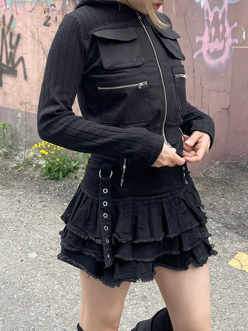 Cropped Two-Way Cargo Hood Zip-Up