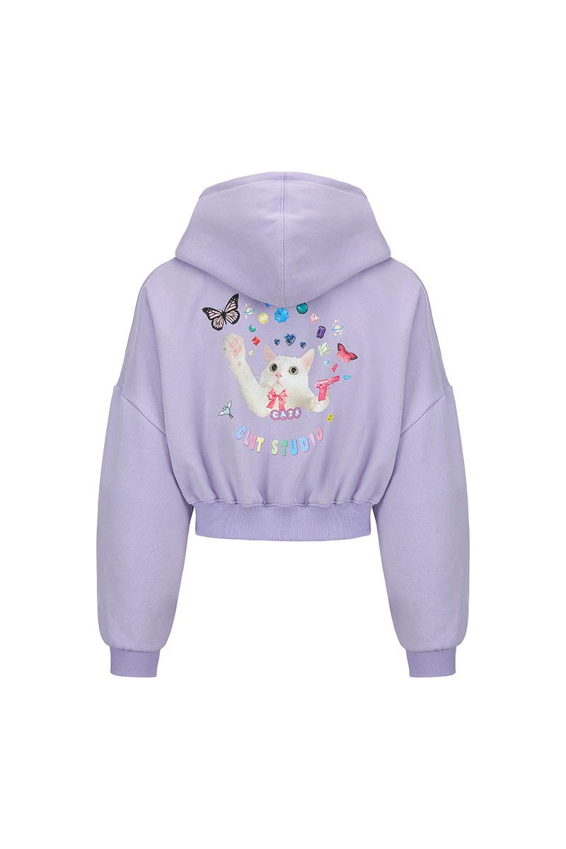 0 4 cat crop hood zip-up - VIOLET