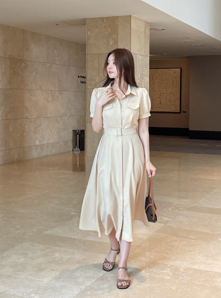 iam mari（アイアム マリ）の「カズ シャツカラー パフスリーブ ロングワンピース (Belt Set)（ワンピース/ドレス）」