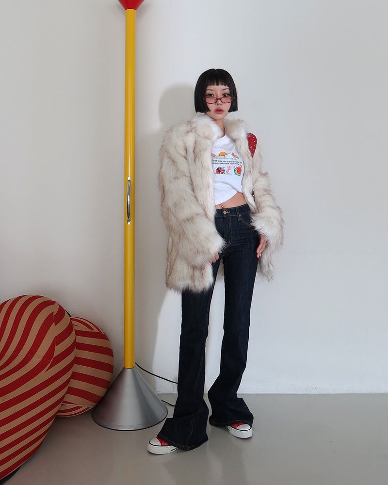 High-neck fake fur jacket coat