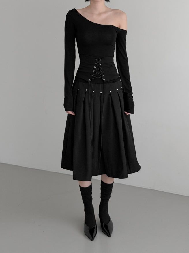 Er Rivet Pintuck Midi Skirt