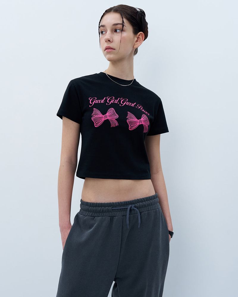 TWIN RIBBON CROP TSHIRT-BLACK