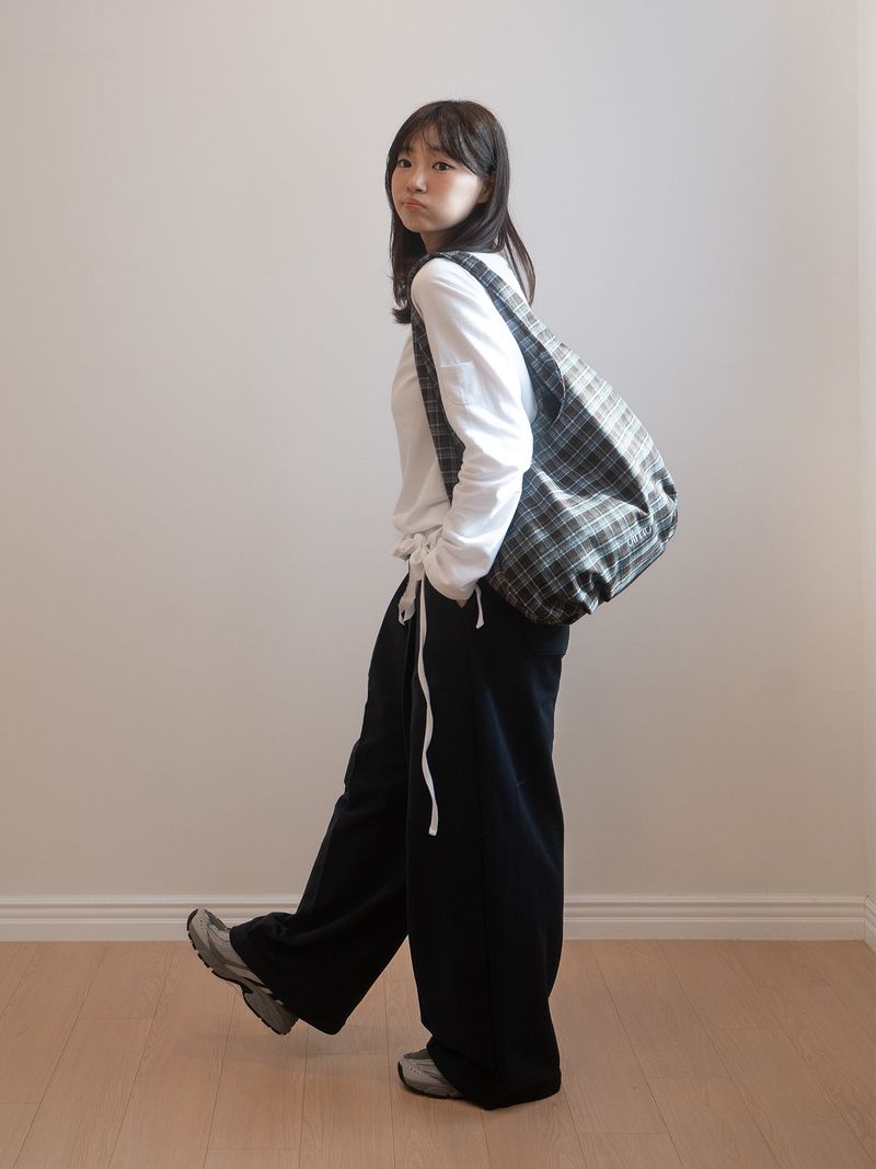Check Padded Hobo Bag - Brown / Blue