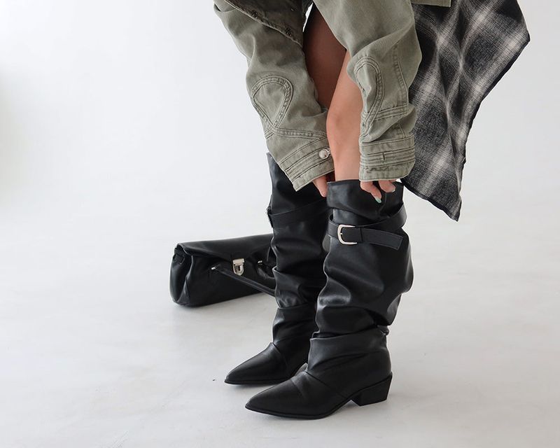 Wrinkle Shirring Belt Western Wide Long Boots