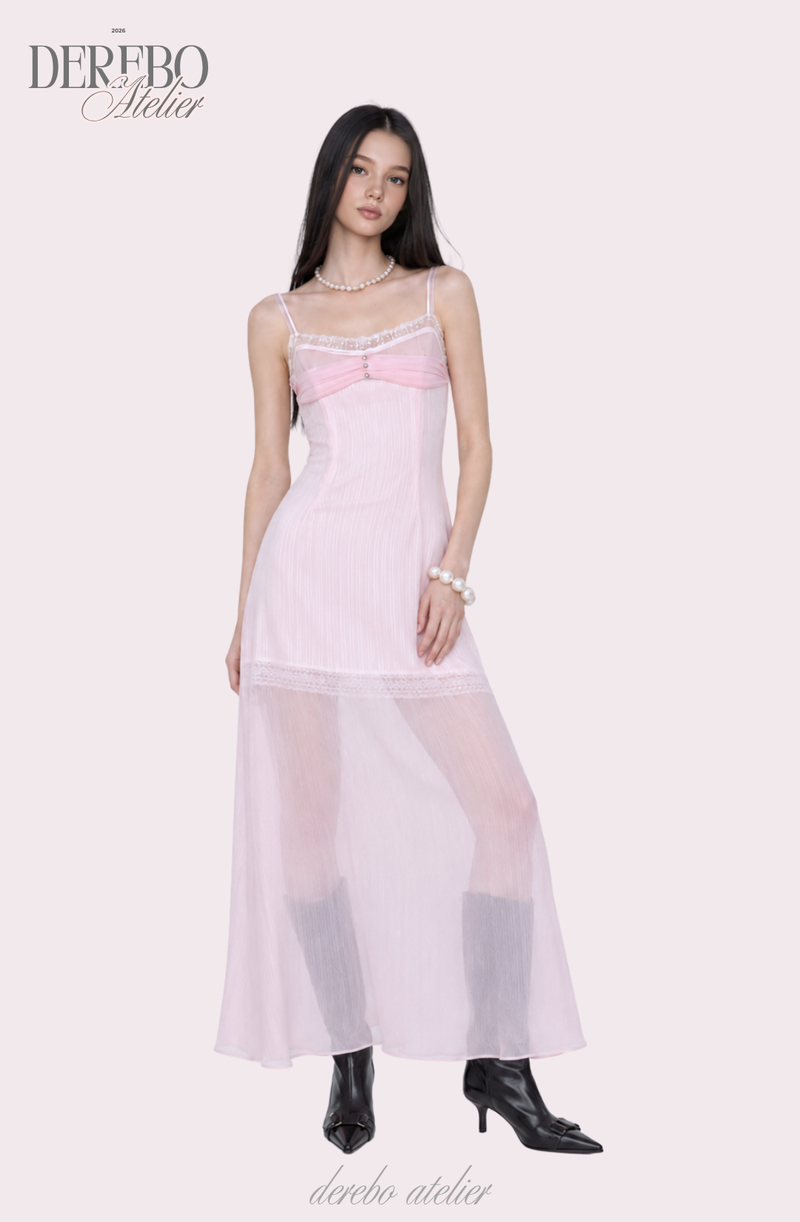Pink chiffon see-through long dress
