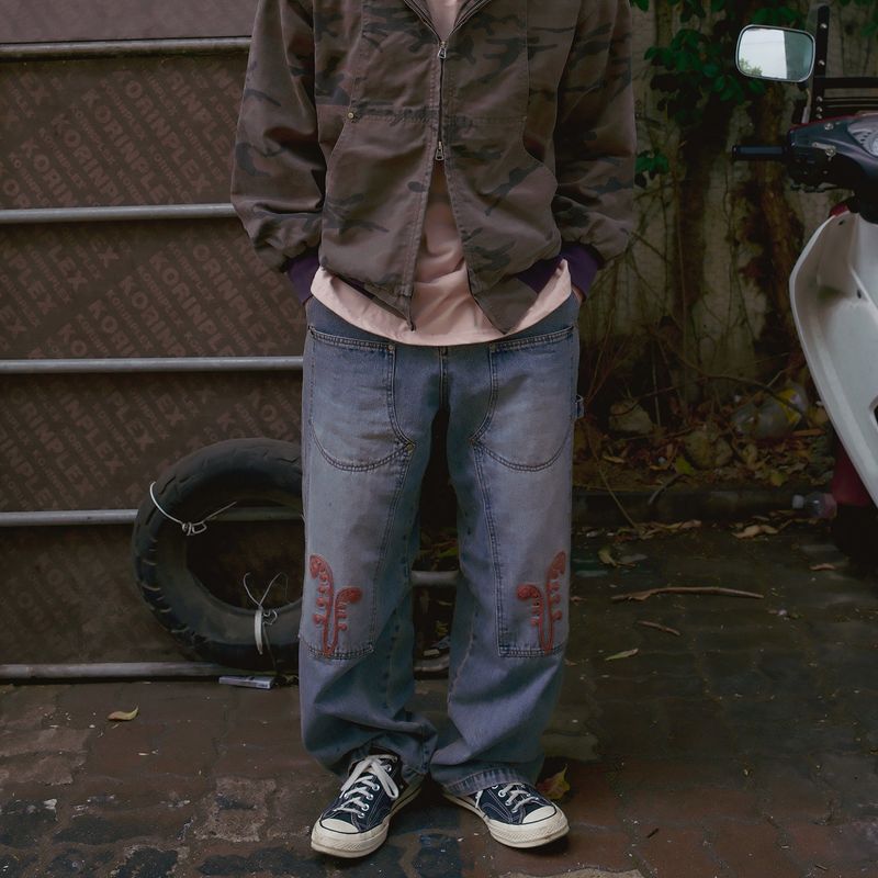 Ptery double knee pants / Washed blue