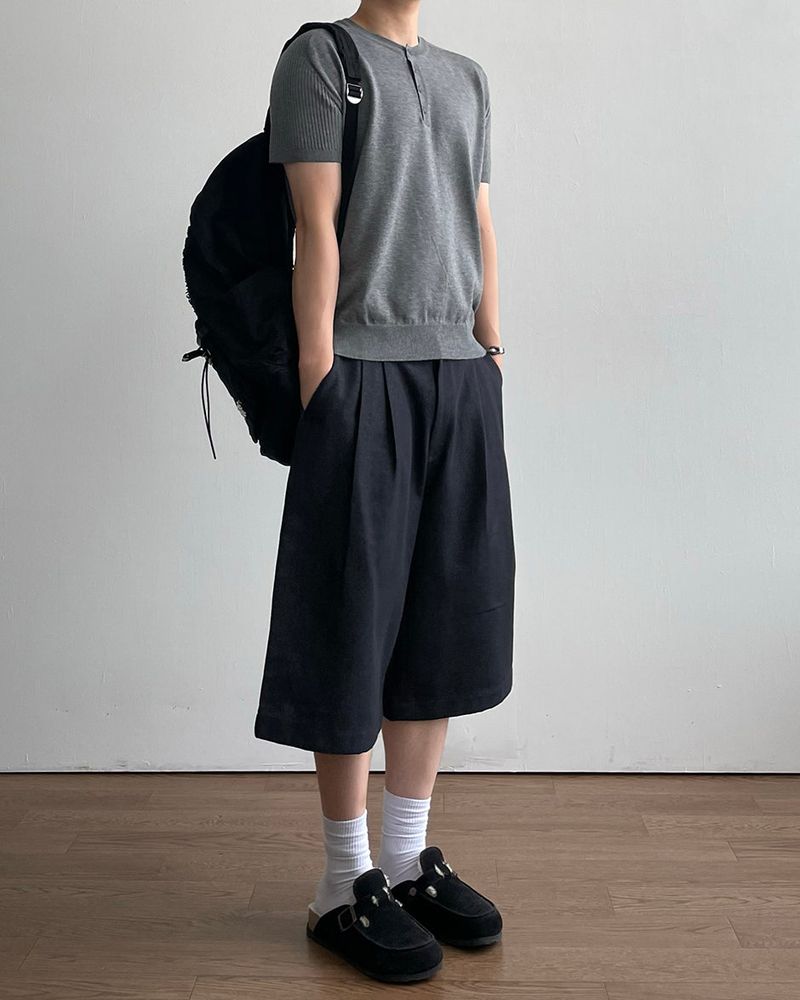Needle Henley Neck Short Sleeve Knit