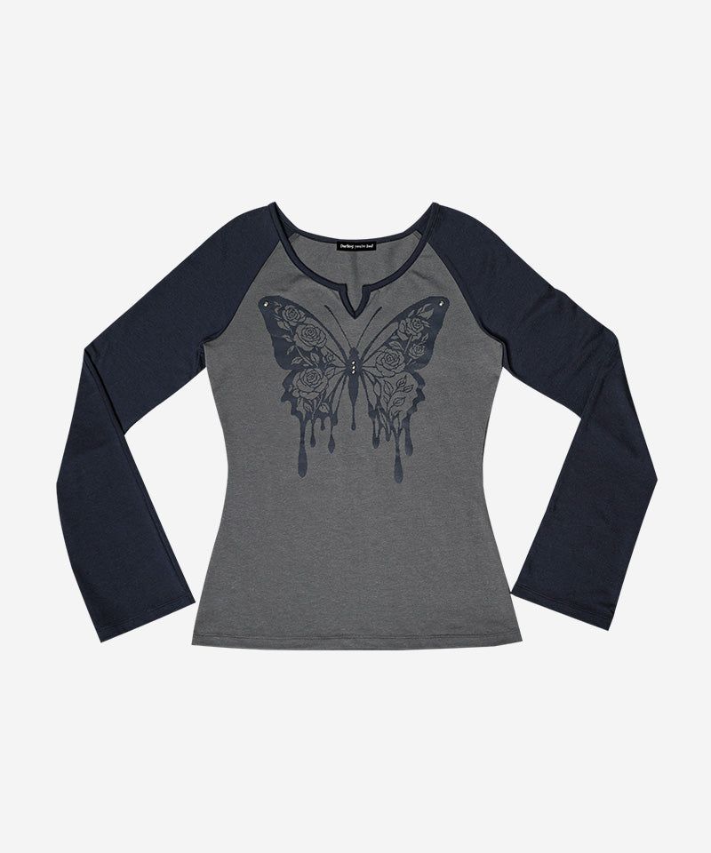 ROSE BUTTERFLY RAGLAN T-SHIRT #NAVY GRAY