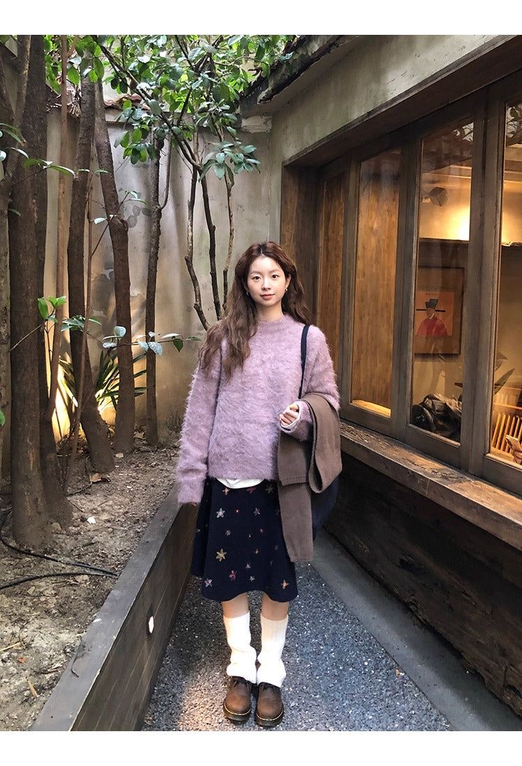 floral embroidered flare wool midi skirt