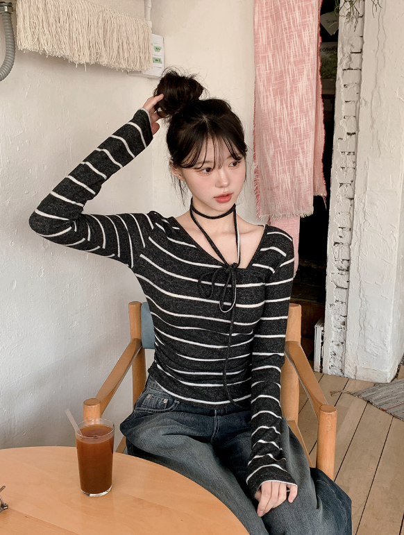 #Border Tie Point Slim Long Sleeve T-shirt (2color)