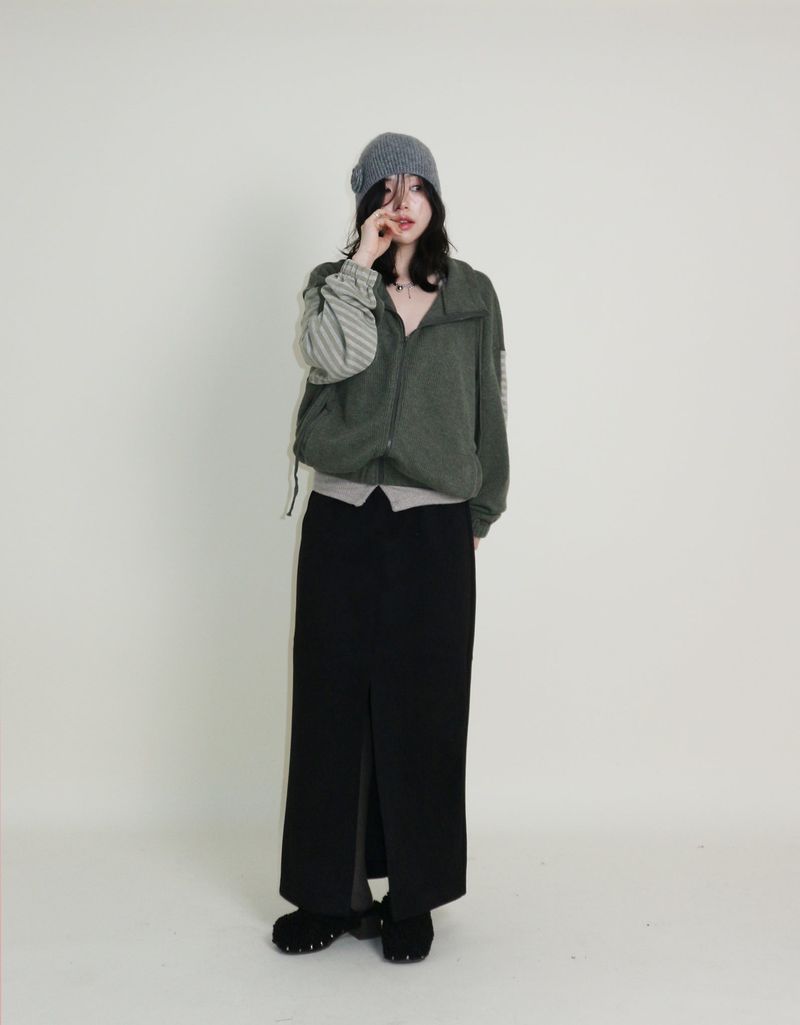 Hakata Stripe Coloring String Knitwear Zip-Up