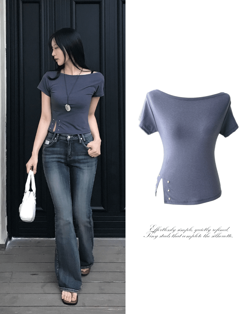 GUSTA（グスタ）の「Lost Ball Stud Boat Neck Slit Half Tee（Tops）」