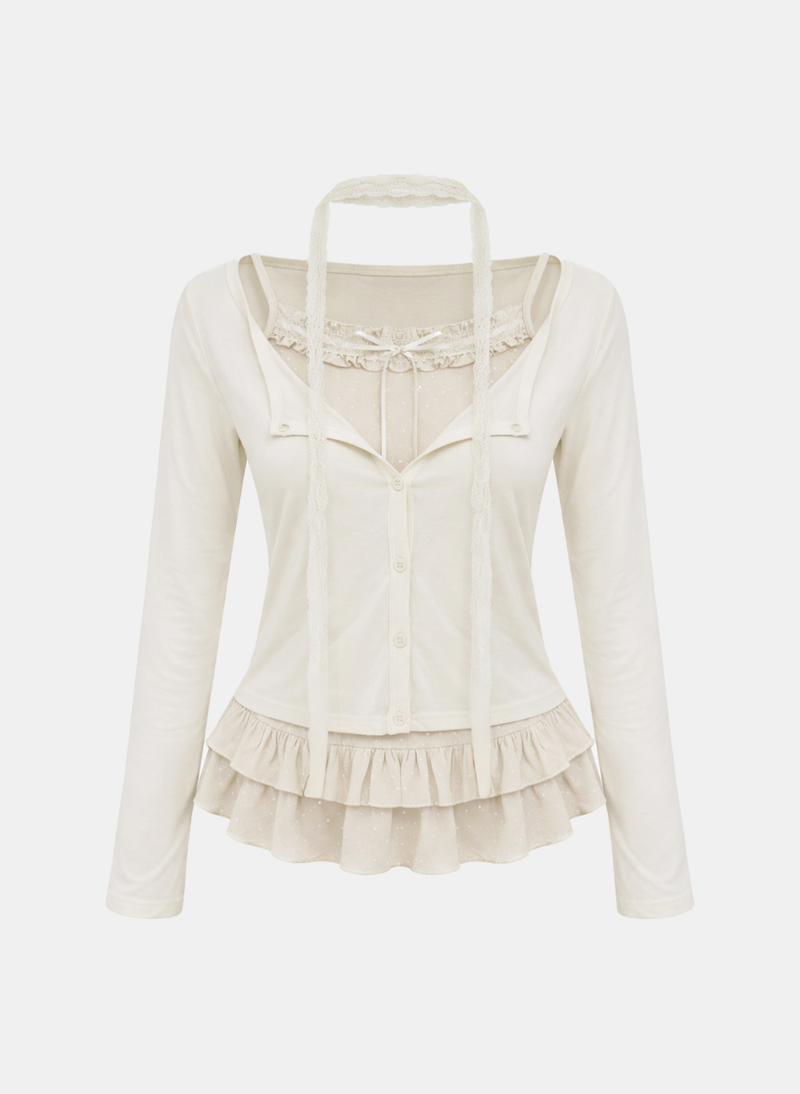 Miel Dot Frill Cardigan Set