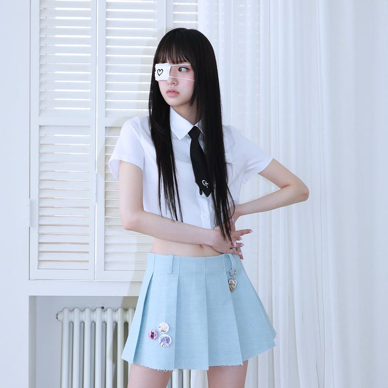 1 0  denim pleated skirt - LIGHT BLUE